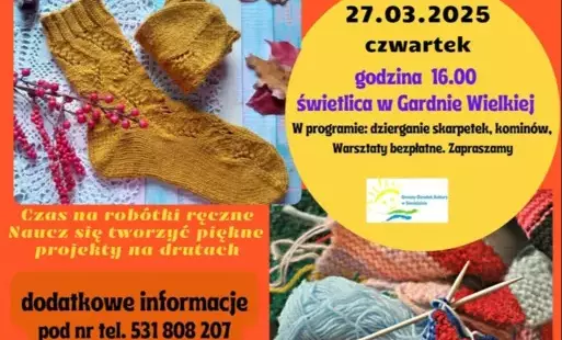 Zapraszamy na warsztaty szydełkowania, które odbędą się w świetlicy w Gardnie Wielkiej o godzinie 16.00 dnia 27.o3. 2025 r. 
